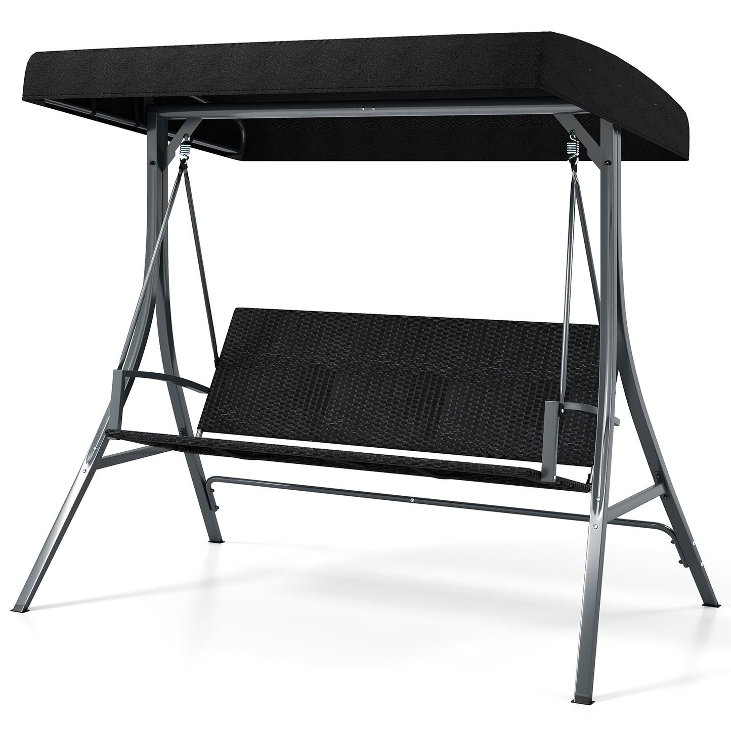 LIVSK Veranda Schommelbank voor 3 Personen - Verstelbare Luifel - Duurzaam PE-Rieten Zitting - Stabiel Metaal - Tot 450 kg - Zwart