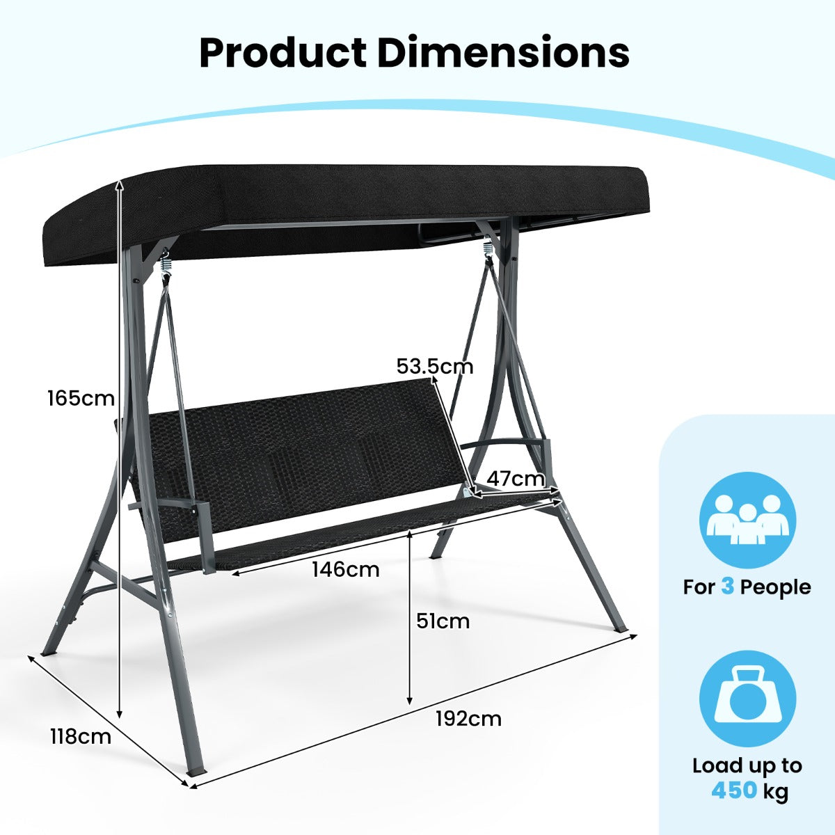 LIVSK Veranda Schommelbank voor 3 Personen - Verstelbare Luifel - Duurzaam PE-Rieten Zitting - Stabiel Metaal - Tot 450 kg - Zwart