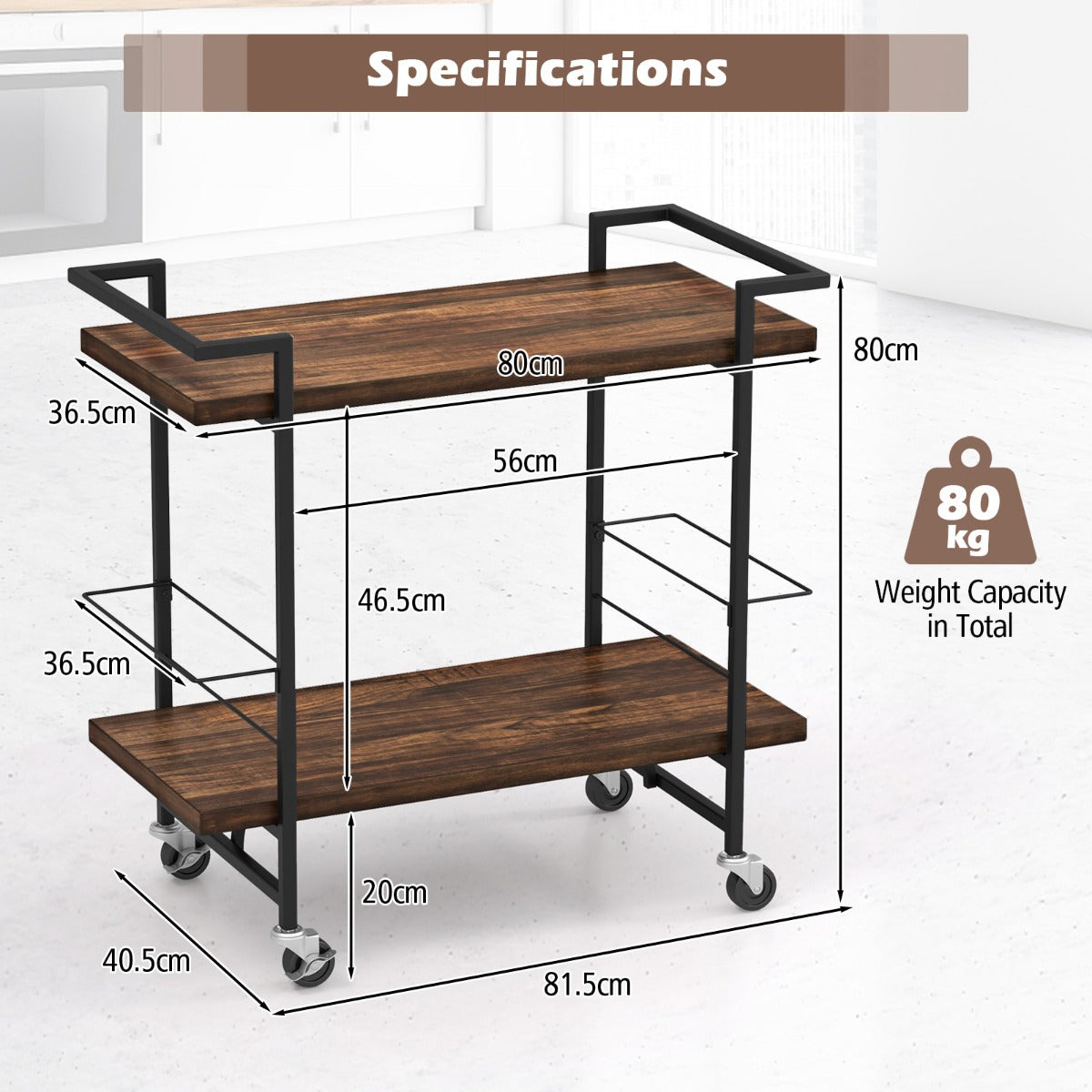 LIVSK Opslagwagen met 2 Niveaus - Stevig Metalen Frame - 4 Wielen met Remmen - Eenvoudig Schoon te Maken - 81,5 x 40,5 x 80 cm -