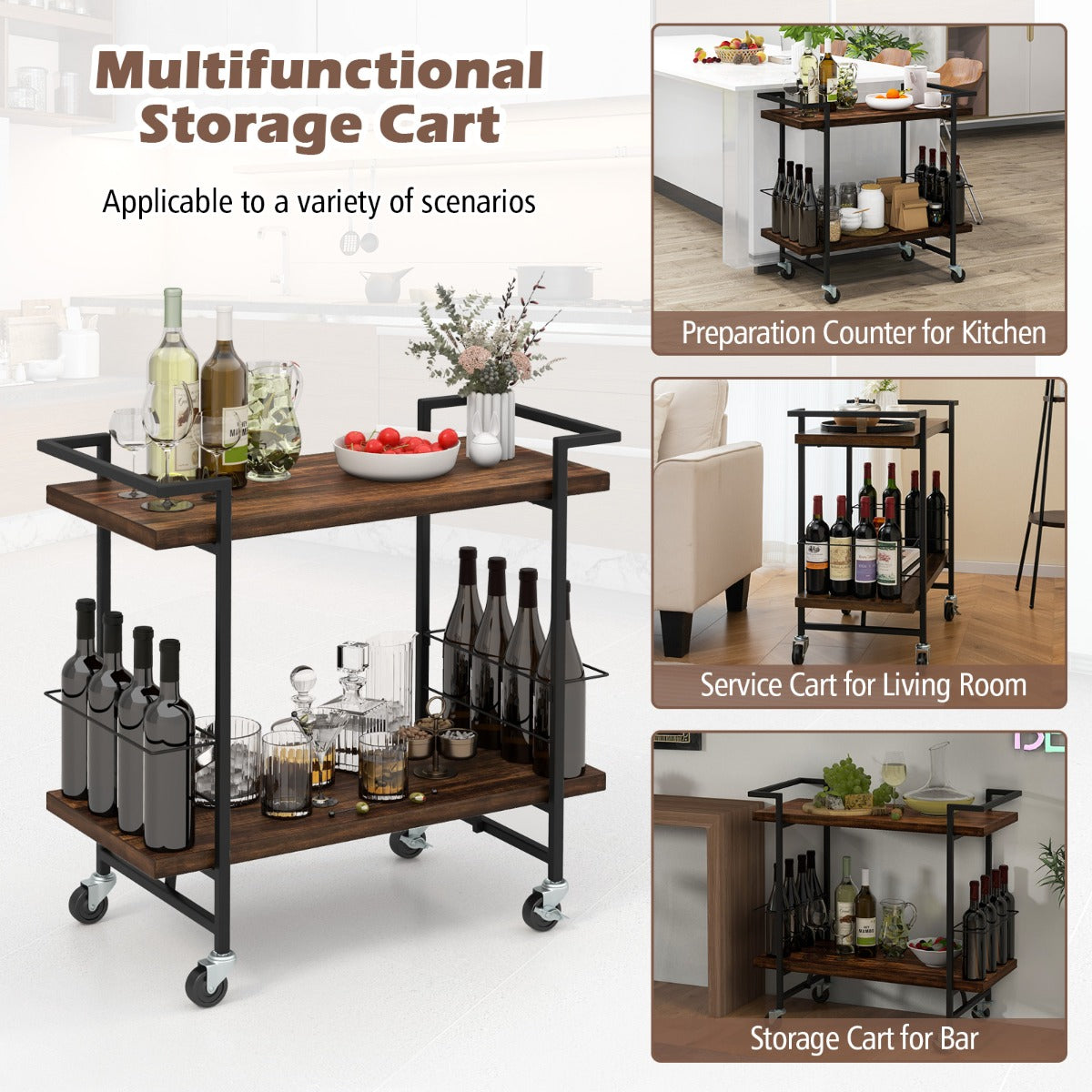 LIVSK Opslagwagen met 2 Niveaus - Stevig Metalen Frame - 4 Wielen met Remmen - Eenvoudig Schoon te Maken - 81,5 x 40,5 x 80 cm -