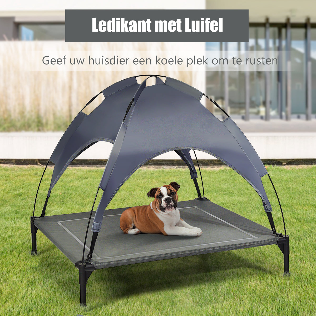 LIVSK Verhoogd Huisdierenbed met Luifel - Ademende Netstof - Waterdicht en Zonnescherm - Voor Buiten - 90 x 81 x 86 cm - Grijs