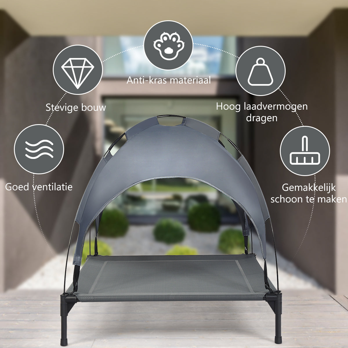 LIVSK Verhoogd Huisdierenbed met Luifel - Ademende Netstof - Waterdicht en Zonnescherm - Voor Buiten - 90 x 81 x 86 cm - Grijs