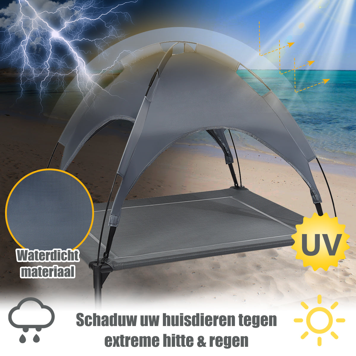 LIVSK Verhoogd Huisdierenbed met Luifel - Ademende Netstof - Waterdicht en Zonnescherm - Voor Buiten - 90 x 81 x 86 cm - Grijs