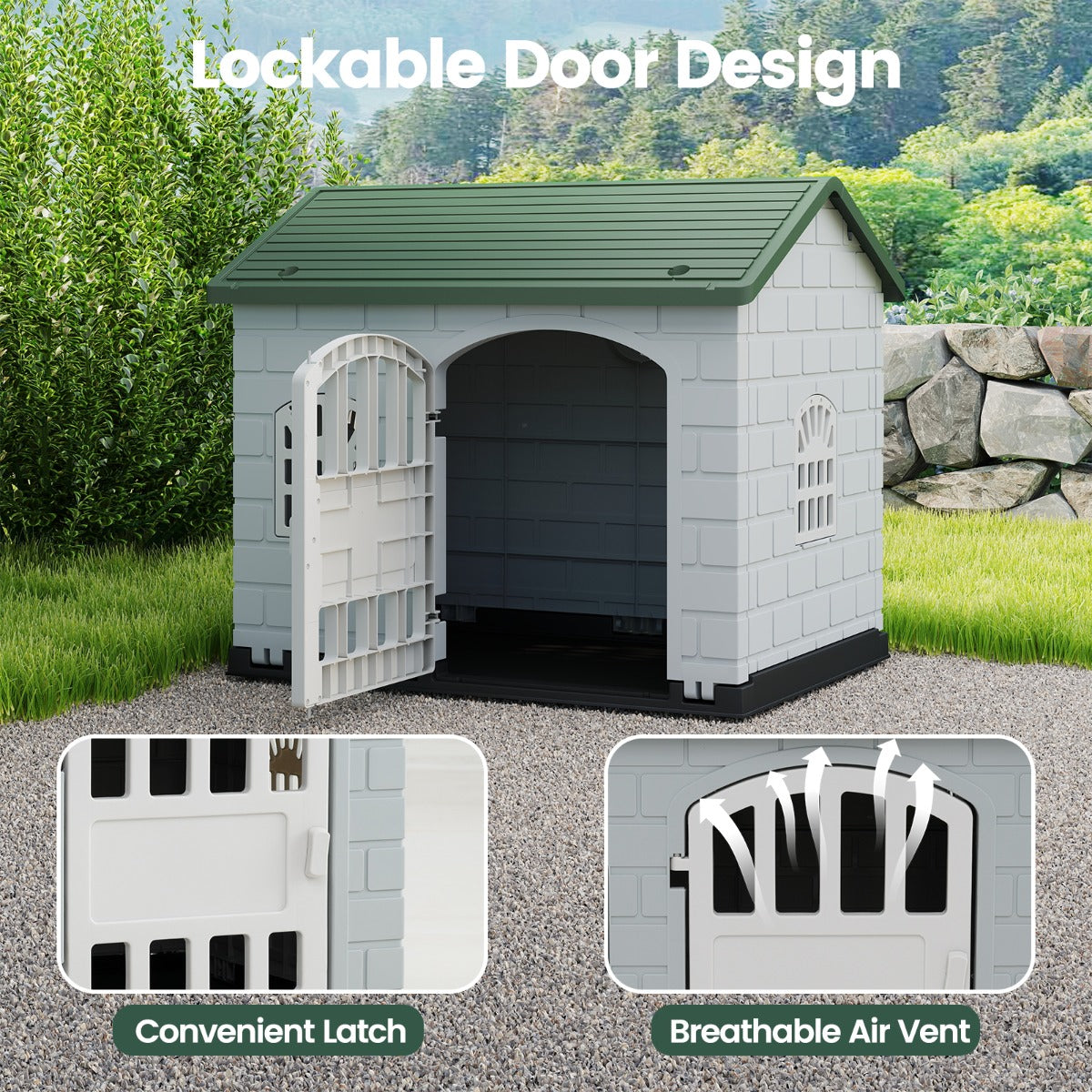 LIVSK Kunststof Weerbestendig Hondenhok - Afsluitbare Deur - 3 Ramen - Schuin Dak - Eenvoudige Installatie - Voor Kleine Honden