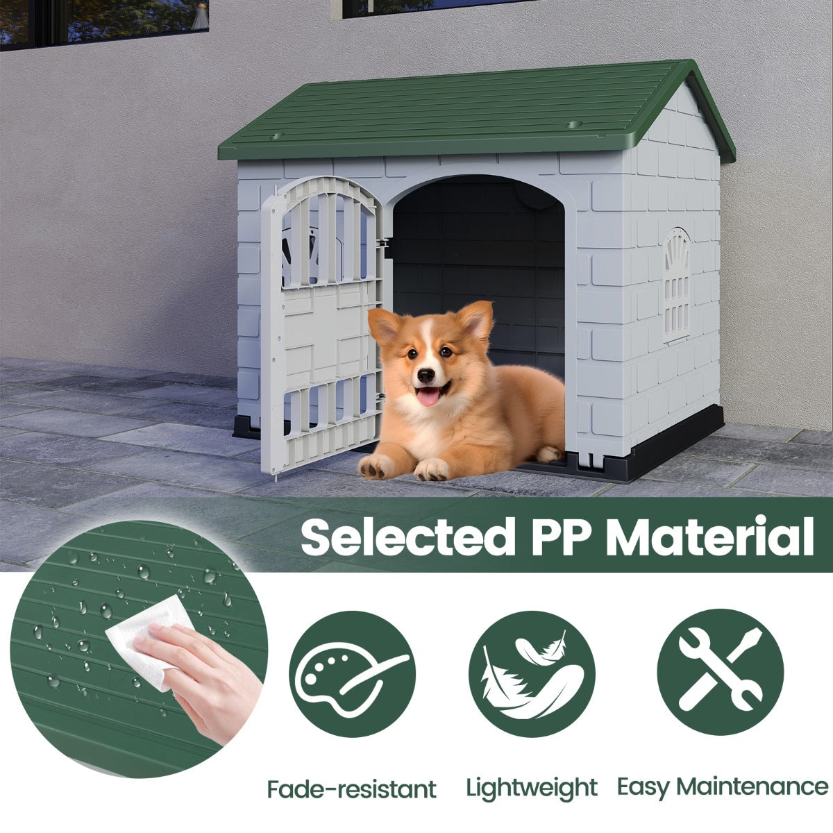 LIVSK Kunststof Weerbestendig Hondenhok - Afsluitbare Deur - 3 Ramen - Schuin Dak - Eenvoudige Installatie - Voor Kleine Honden