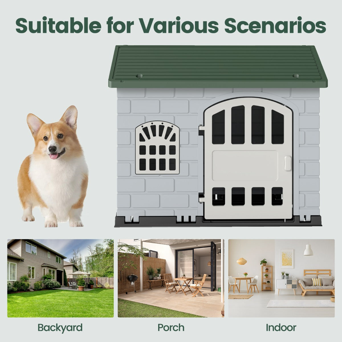 LIVSK Kunststof Weerbestendig Hondenhok - Afsluitbare Deur - 3 Ramen - Schuin Dak - Eenvoudige Installatie - Voor Kleine Honden