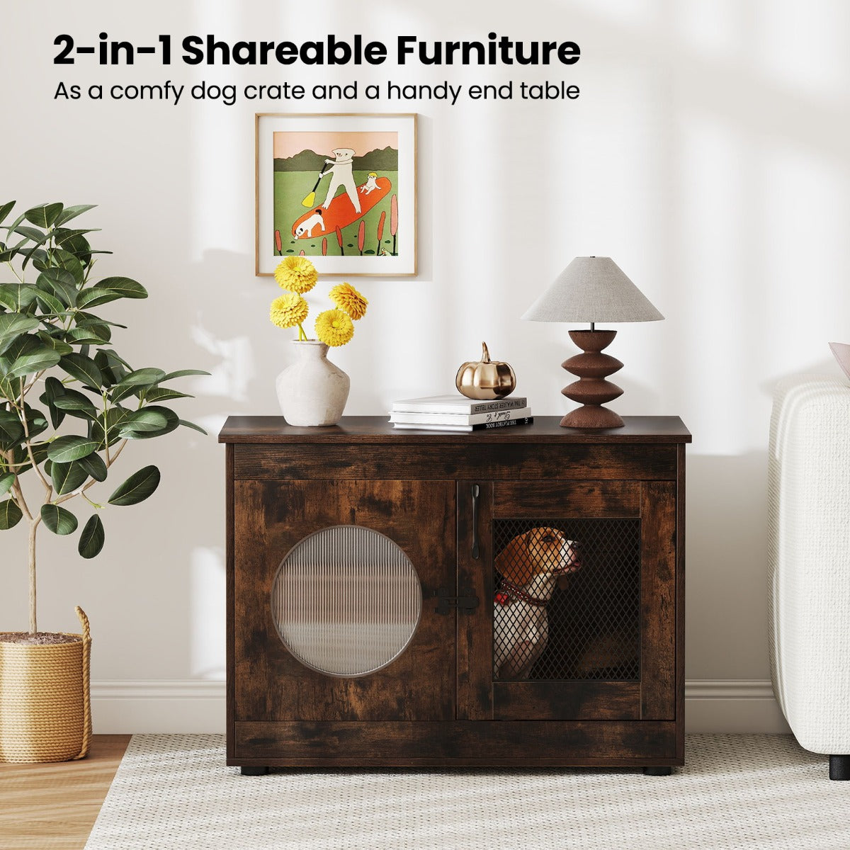 LIVSK Hondenbox-meubel - Multifunctioneel als Bijzettafel - Comfortabel voor Puppy’s en Middelgrote Honden - 82 x 47 x 60 cm -