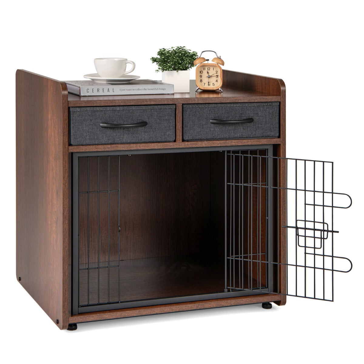 LIVSK 2-in-1 Hondenkrat en Bijzettafel - Rustiek Bruin - Tafelblad - 2 Lades - Veilig met Gaaswand - 62 x 49,5 x 63 cm - Bruin