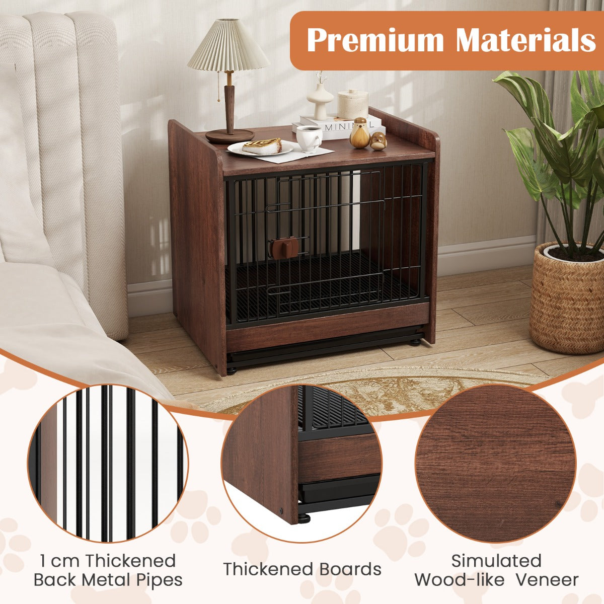 LIVSK 2-in-1 Hondenkrat en Bijzettafel - Verwijderbare Lade - Veilig Metalen Deurtje - Stevige Constructie - 62 x 49,5 x 61 cm -