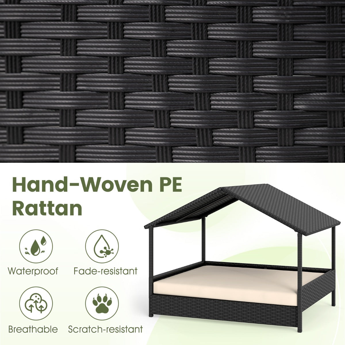 Livsk costway hondenmand met baldakijn verhoogde rotanbank voor kleine en middelgrote honden tot 60 kg beige