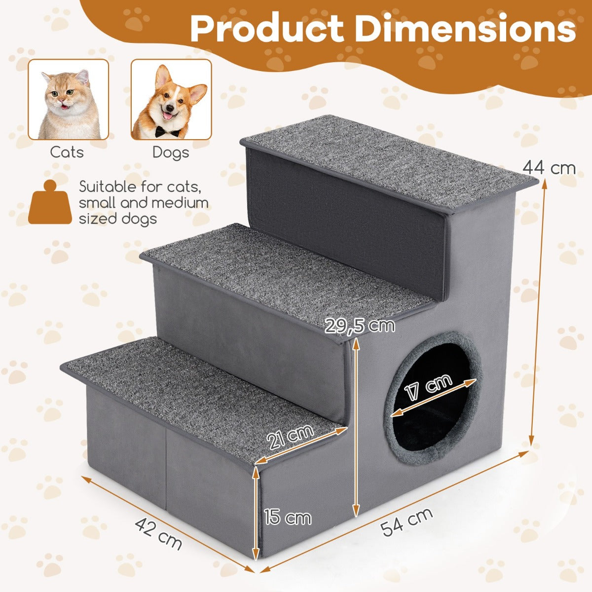 LIVSK Hondentrap 3-Traps Opvouwbaar - Antislip - Hoogte 44 cm - Ideaal voor Kleine en Middelgrote Honden - Grijs