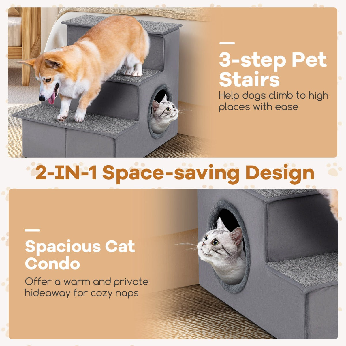 LIVSK Hondentrap 3-Traps Opvouwbaar - Antislip - Hoogte 44 cm - Ideaal voor Kleine en Middelgrote Honden - Grijs