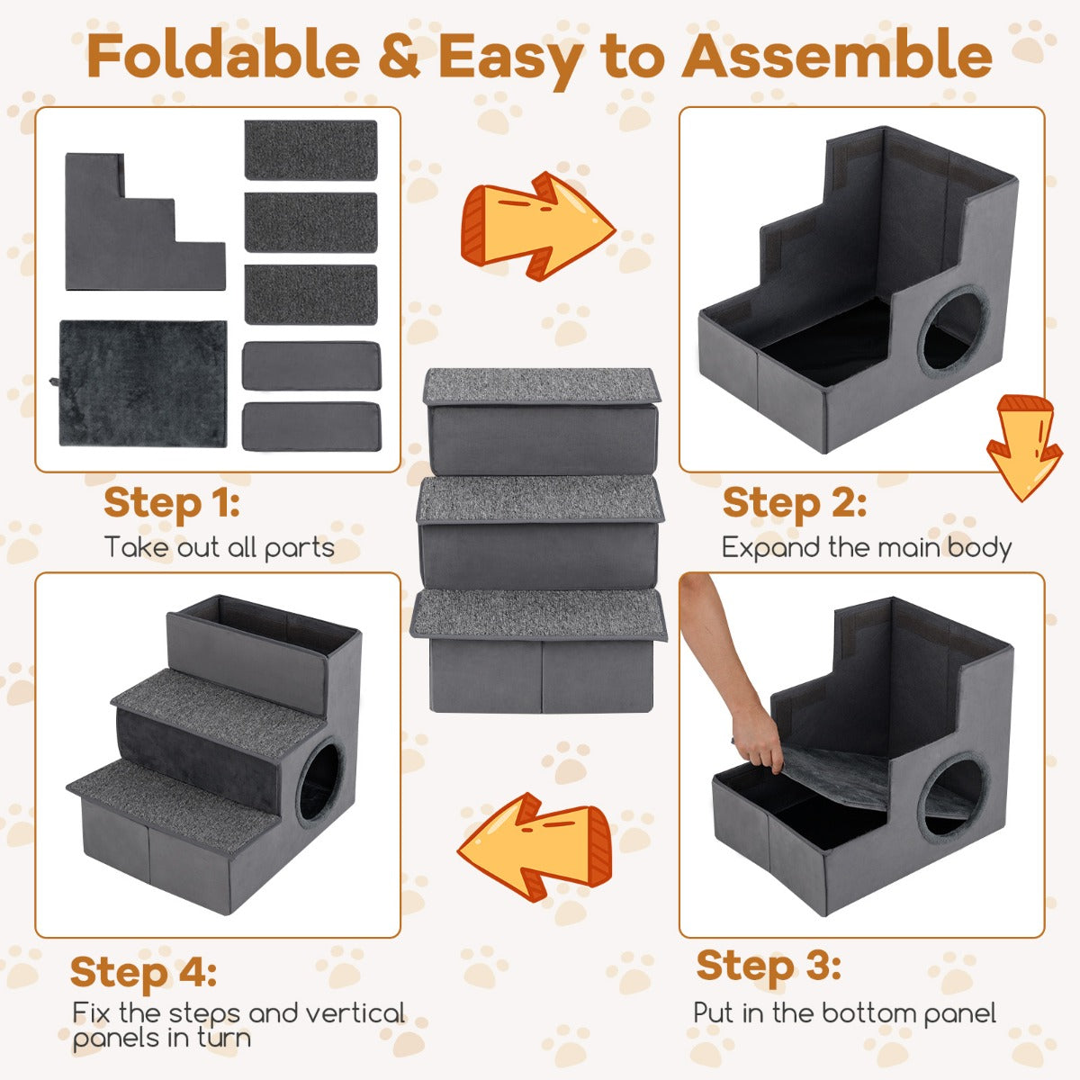 LIVSK Hondentrap 3-Traps Opvouwbaar - Antislip - Hoogte 44 cm - Ideaal voor Kleine en Middelgrote Honden - Grijs