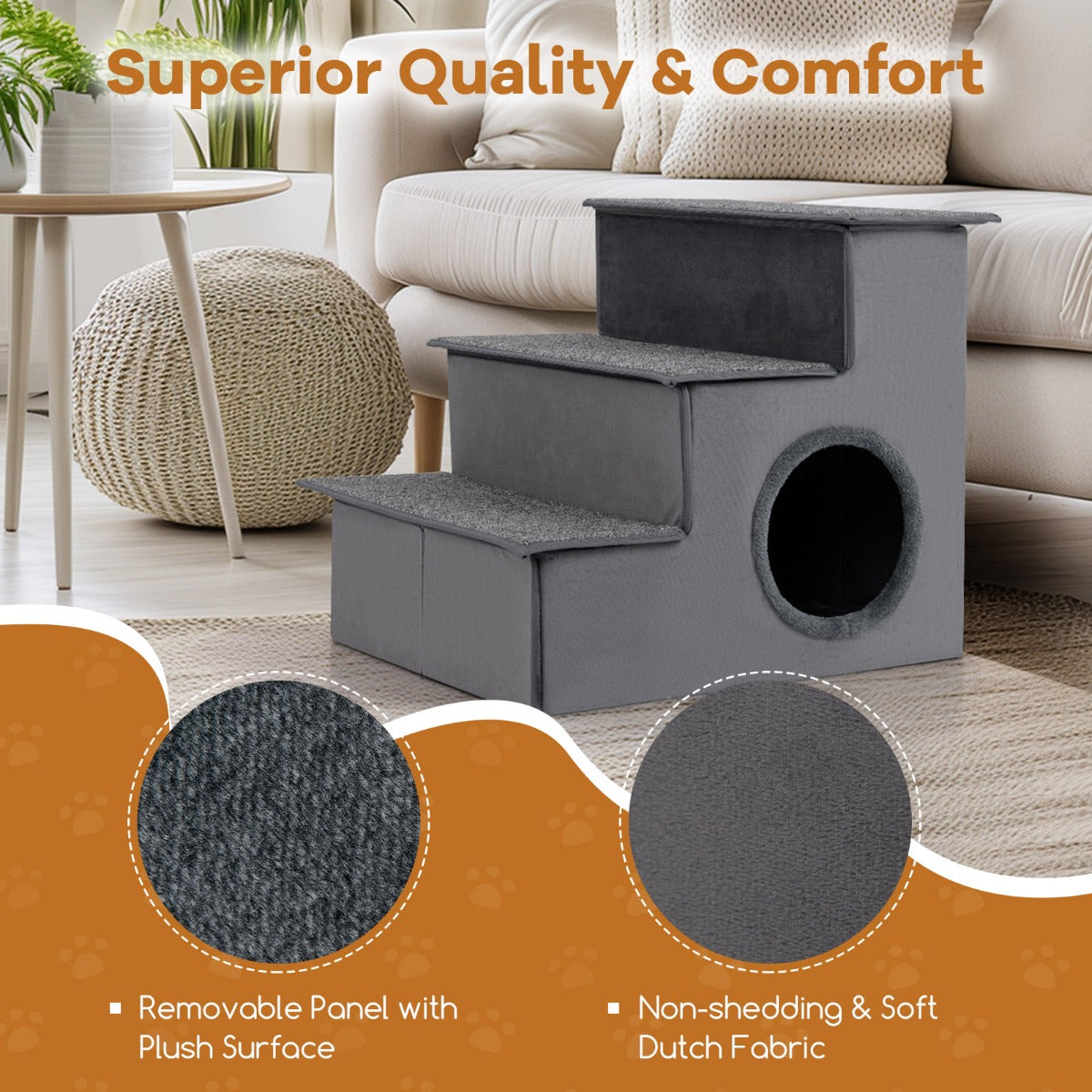 LIVSK Hondentrap 3-Traps Opvouwbaar - Antislip - Hoogte 44 cm - Ideaal voor Kleine en Middelgrote Honden - Grijs