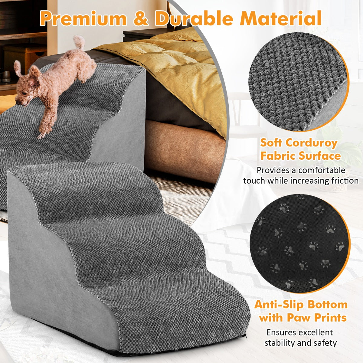 Livsk costway hondentrap 3 treden antislip hondentreden van schuim huisdiertrap voor honden en katten grijs 5