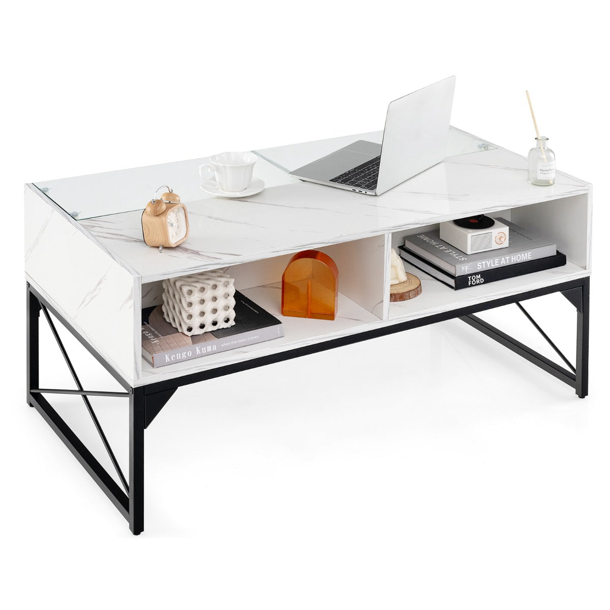 LIVSK LED-salontafel - Aanpasbare LED-verlichting - Imitatiemarmer en gehard glas - Opbergruimte voor 4 kubussen - 105 x 55 x 50