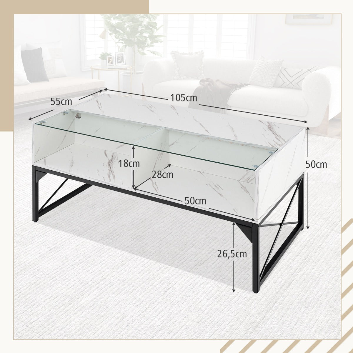 LIVSK LED-salontafel - Aanpasbare LED-verlichting - Imitatiemarmer en gehard glas - Opbergruimte voor 4 kubussen - 105 x 55 x 50