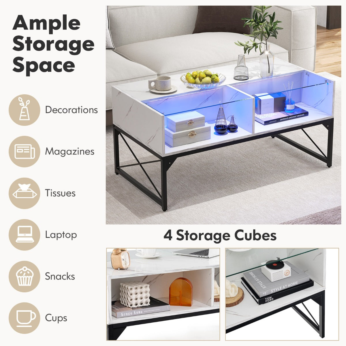 LIVSK LED-salontafel - Aanpasbare LED-verlichting - Imitatiemarmer en gehard glas - Opbergruimte voor 4 kubussen - 105 x 55 x 50