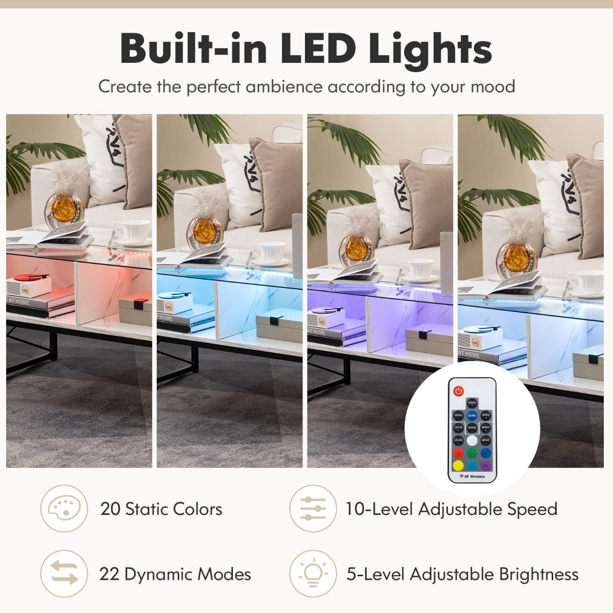 LIVSK LED-salontafel - Aanpasbare LED-verlichting - Imitatiemarmer en gehard glas - Opbergruimte voor 4 kubussen - 105 x 55 x 50