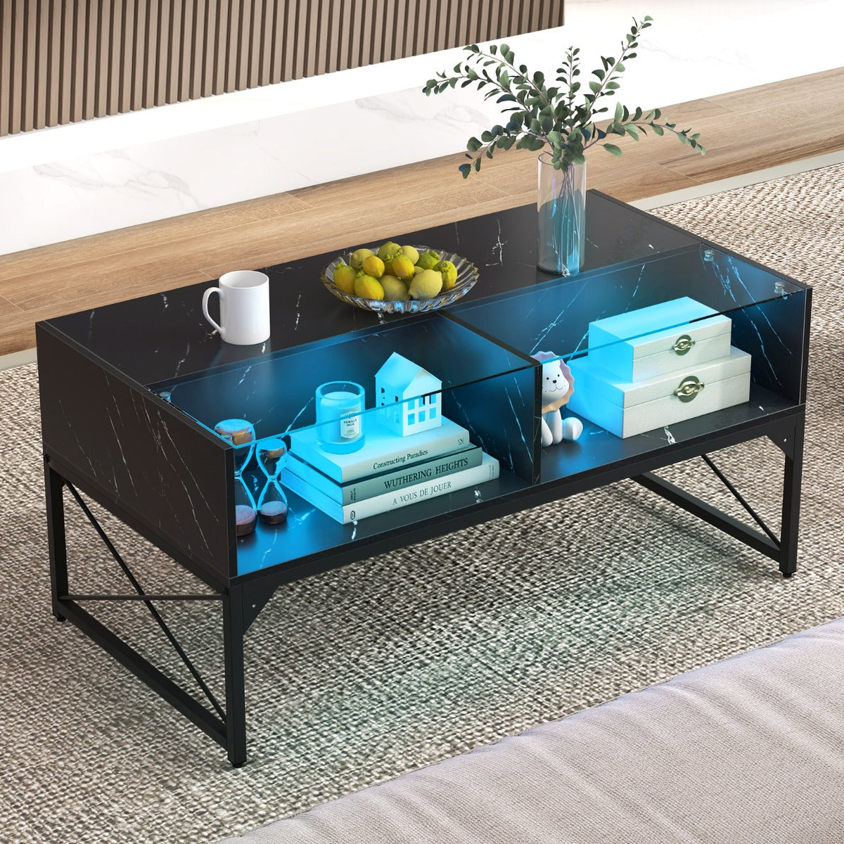 LIVSK LED-salontafel met Afstandsbediening - Aanpasbare Verlichting - Imitatiemarmer en Gehard Glas - Opbergruimte - 105 x 55 x