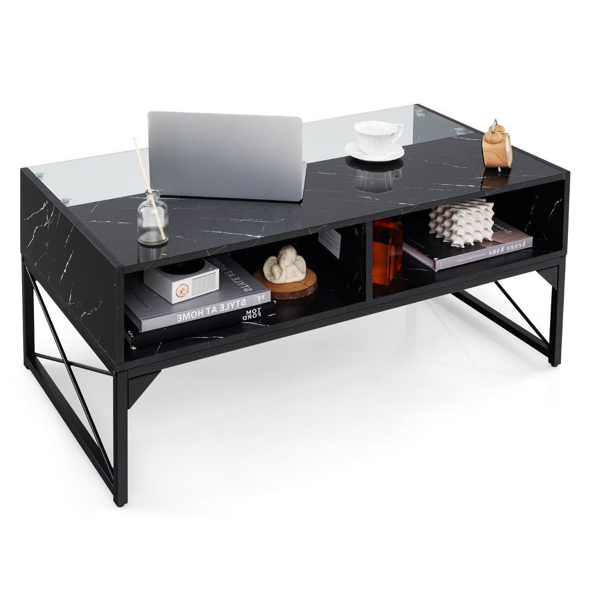 LIVSK LED-salontafel met Afstandsbediening - Aanpasbare Verlichting - Imitatiemarmer en Gehard Glas - Opbergruimte - 105 x 55 x