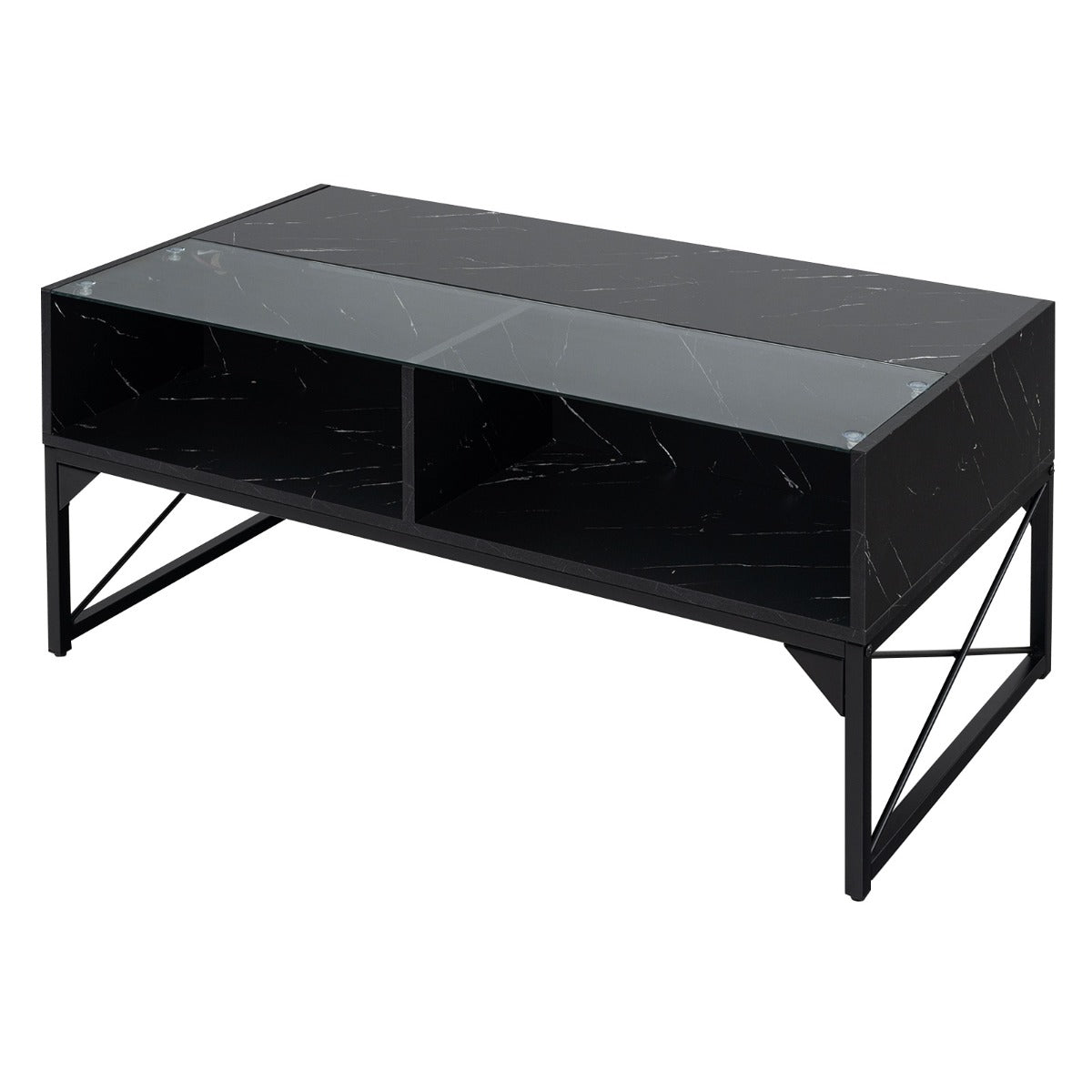 LIVSK LED-salontafel met Afstandsbediening - Aanpasbare Verlichting - Imitatiemarmer en Gehard Glas - Opbergruimte - 105 x 55 x