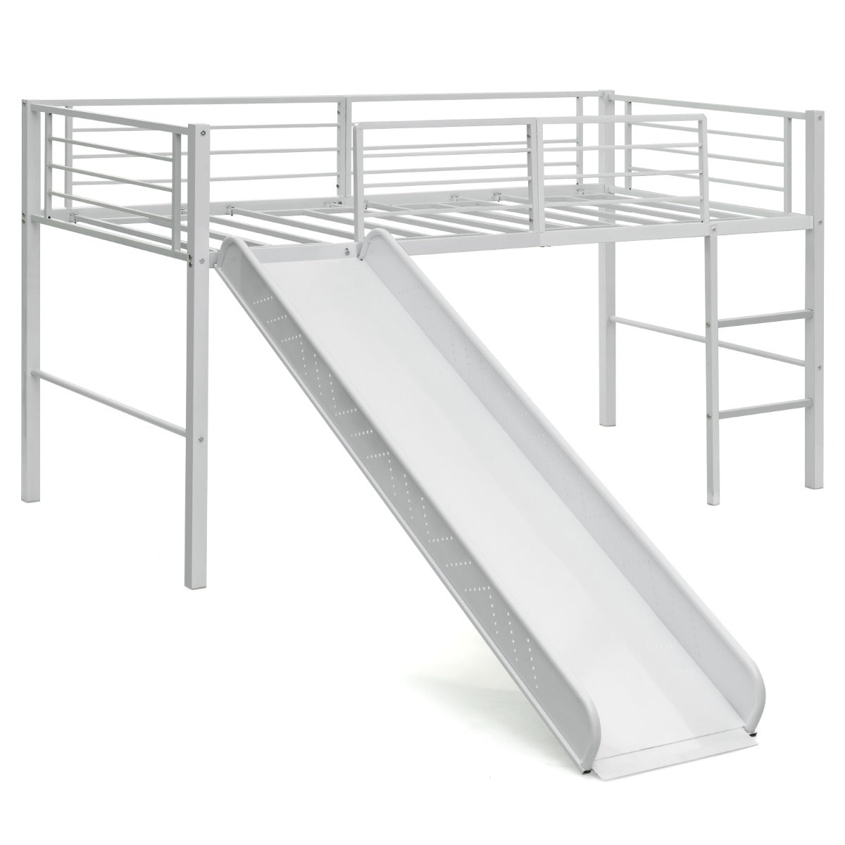 LIVSK Hoogslaper Bedframe met Glijbaan - Veiligheidsleuningen - Stalen Constructie - Tot 150 kg - 198 x 96 x 109 cm - Wit
