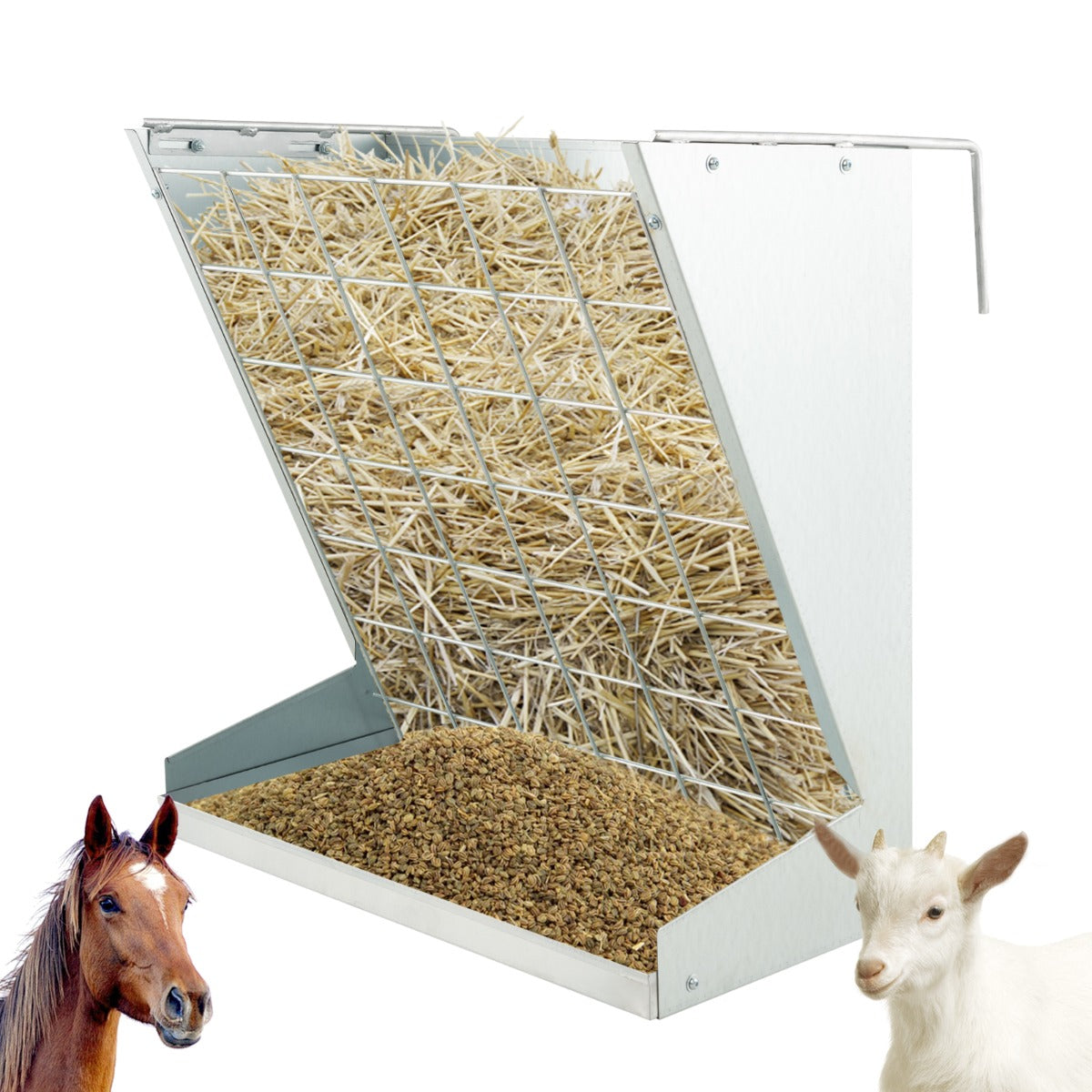 LIVSK 2-in-1 Hooivoederbak - Wandgemonteerd met Graanvoederkom - Verstelbare Hoogte - Gegalvaniseerd Metaal - 71 x 32,5 x 68 cm -