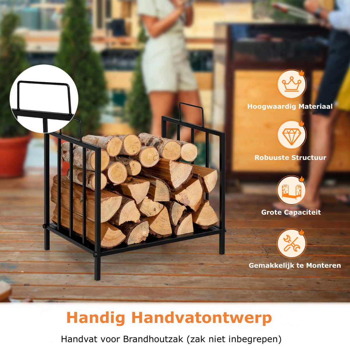 LIVSK Brandhoutrek - Stevig Stalen Frame - Handgrepen - Verhoogde Voeten - Draagvermogen tot 50 kg - 46 x 31 x 46 cm - Zwart