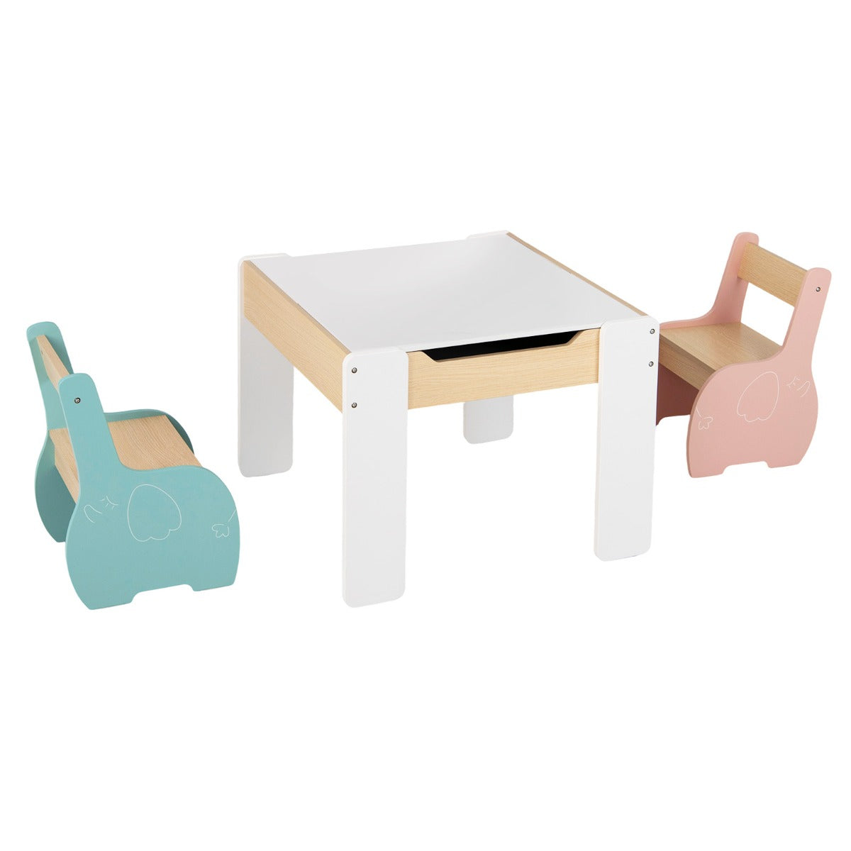 LIVSK Kindertafel en Stoelenset - 4-in-1 Multifunctioneel - Grote Opbergruimte - Duurzaam Hout - Ergonomisch Ontwerp - Blauw &
