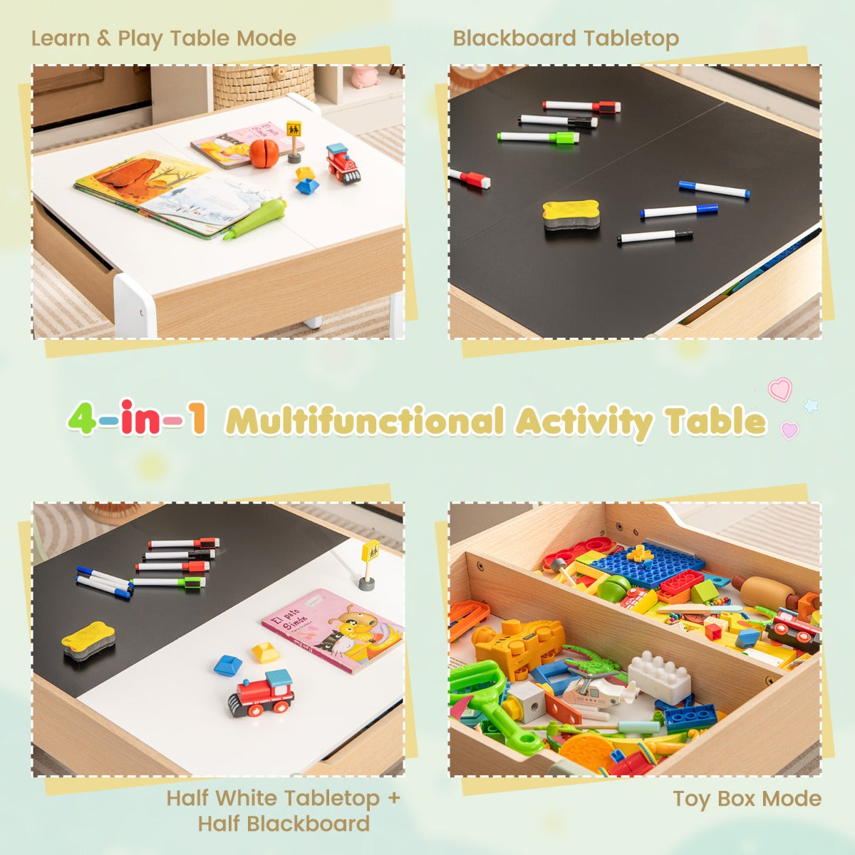 LIVSK Kindertafel en Stoelenset - 4-in-1 Multifunctioneel - Grote Opbergruimte - Duurzaam Hout - Ergonomisch Ontwerp - Blauw &