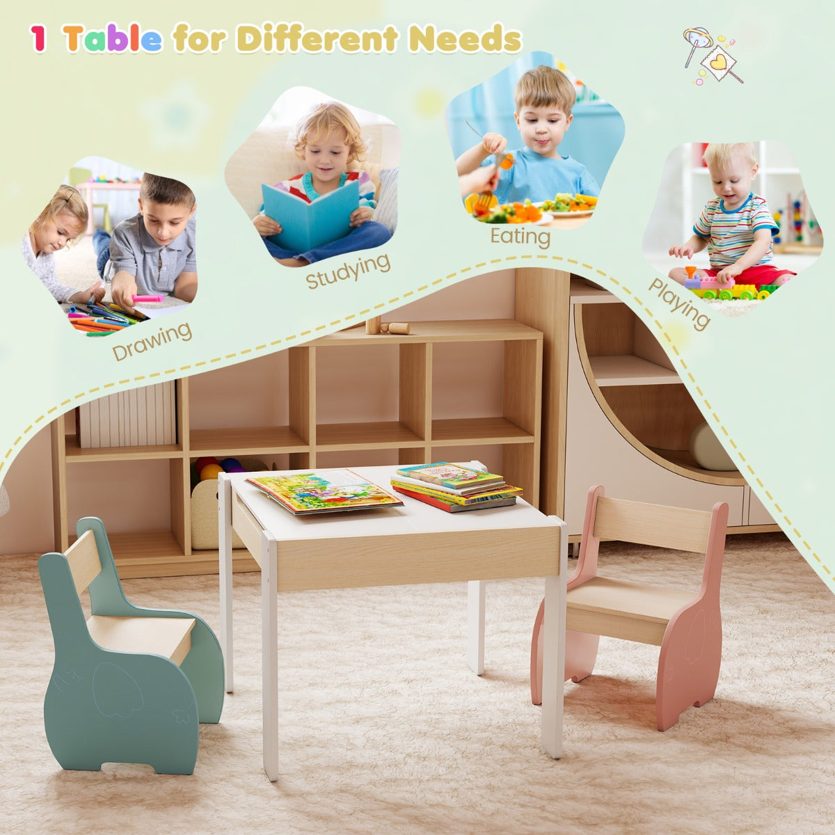 LIVSK Kindertafel en Stoelenset - 4-in-1 Multifunctioneel - Grote Opbergruimte - Duurzaam Hout - Ergonomisch Ontwerp - Blauw &