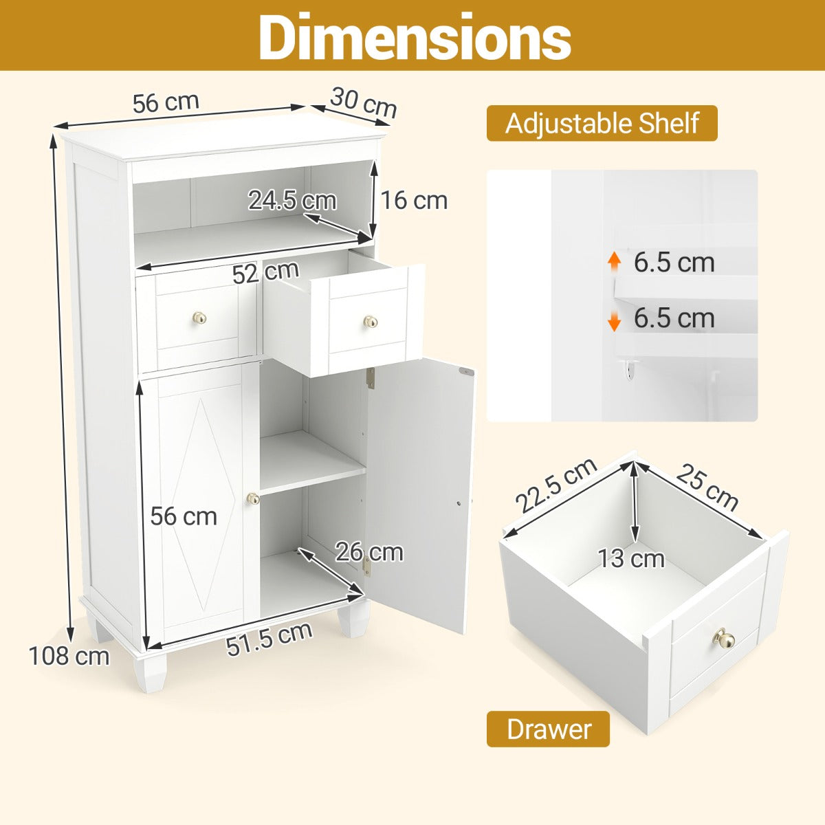 Livsk costway houten badkamerkast met werkblad twee laden en verstelbare planken wit 2