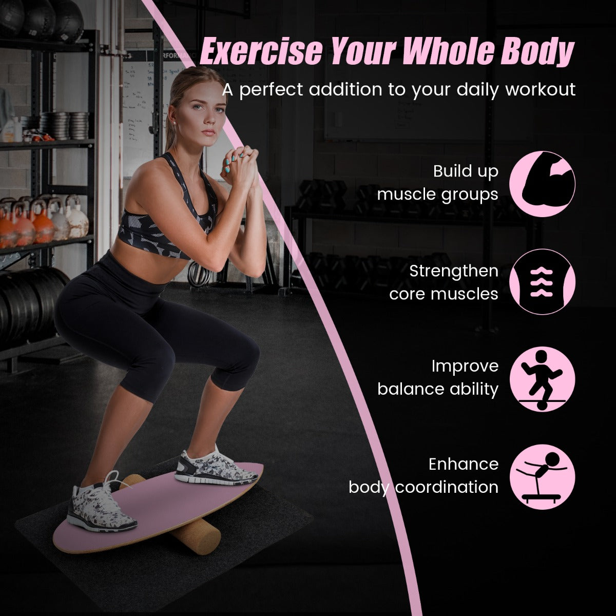 LIVSK Balancebord Balancetrainer - 8-laags Berkenhout - Inclusief Kurkrol en Vilten Mat - Draagvermogen tot 100 kg - Roze