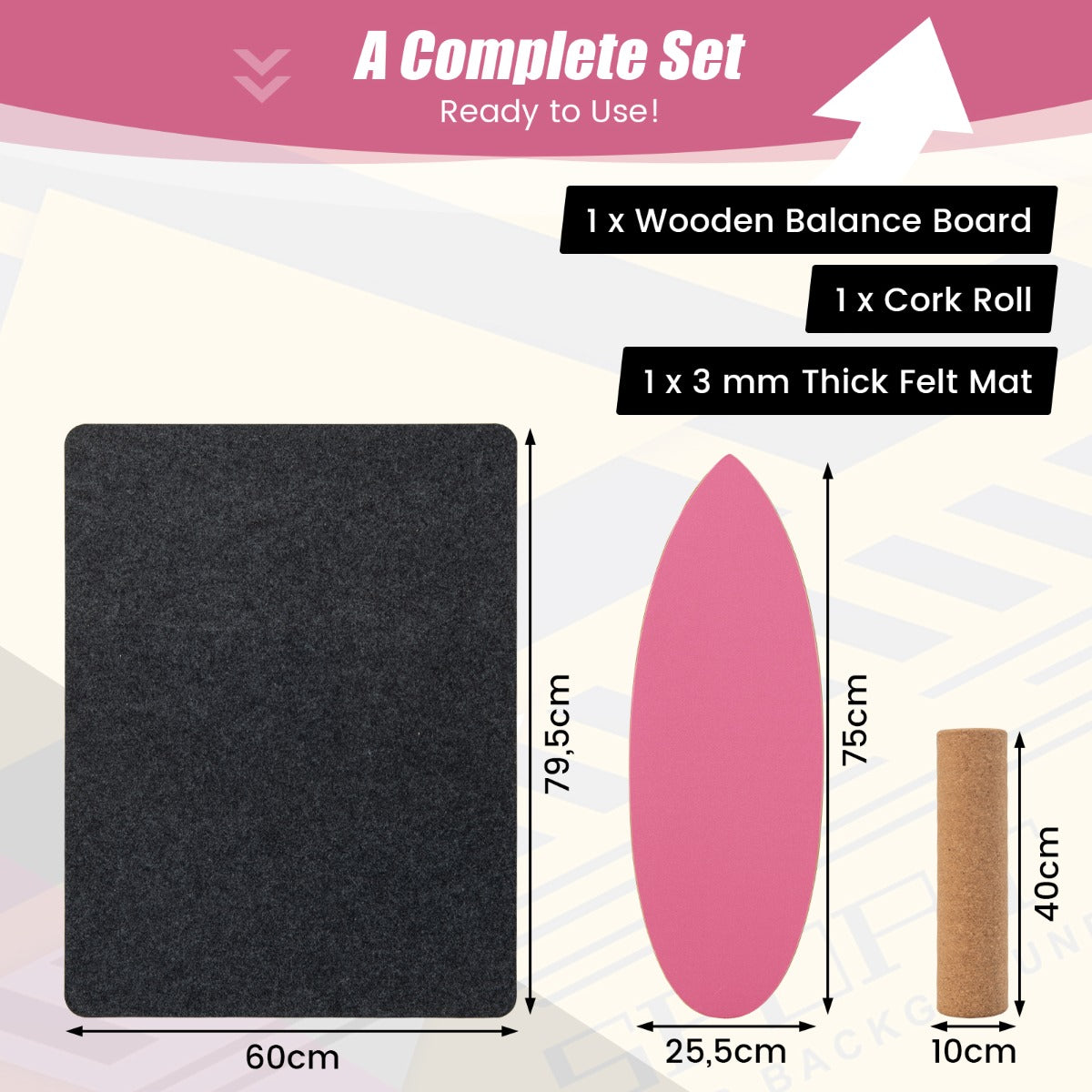 LIVSK Balance Board-set - Houten Balance Board met Kurkrol en Viltmat - Draagvermogen 100 kg - Thuisgebruik - Hot Pink