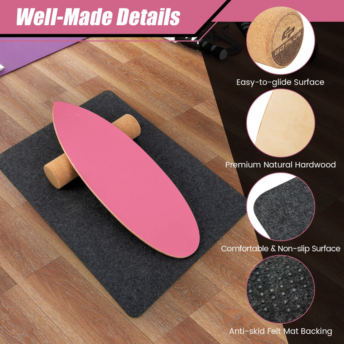 LIVSK Balance Board-set - Houten Balance Board met Kurkrol en Viltmat - Draagvermogen 100 kg - Thuisgebruik - Hot Pink
