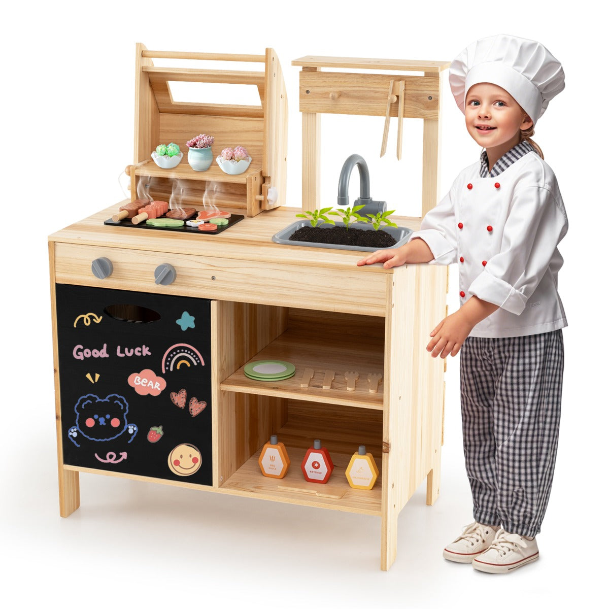 LIVSK Houten Barbecueset voor Kinderen - Duurzaam Vurenhout - Inclusief Speelvoedsel en Grillgereedschap - Voor Creatief Spel -