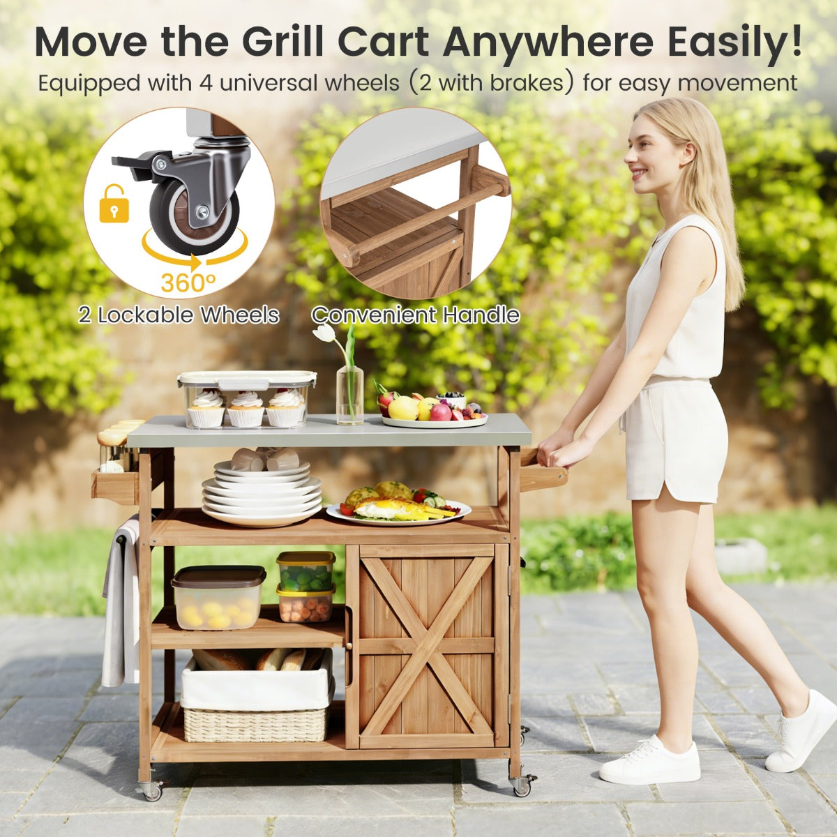 Livsk costway houten barbecuetrolley met opbergruimte buitenkeuken met roestvrijstalen werkblad 6