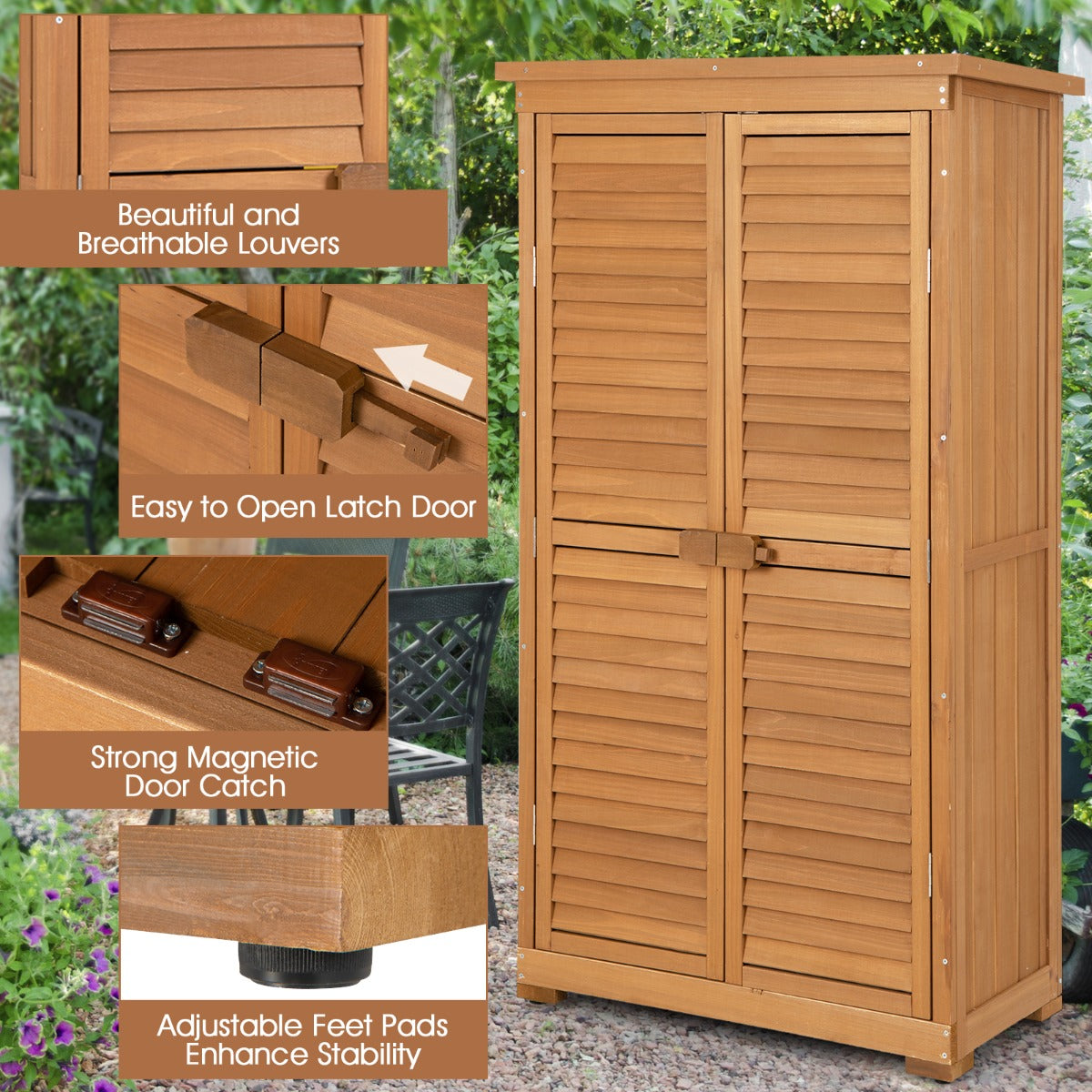 Livsk costway houten berging 160 cm asfaltdak 2 afsluitbare deuren met klink voorgeoliede grenen tuinberging waterdicht 3 verwijderbare planken 6