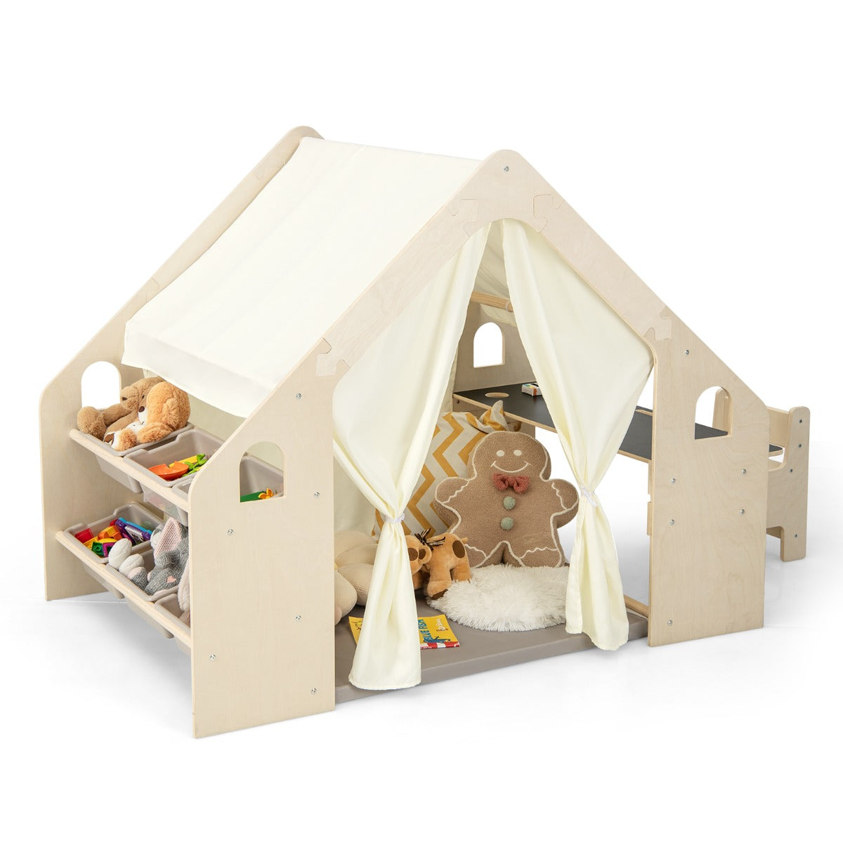 LIVSK 6-in-1 Speeltent met Vloermat, Tafel, Stoel en Opbergbakken - Kindvriendelijk en Duurzaam - Voor 2 tot 6 Jaar - Natuurlijk
