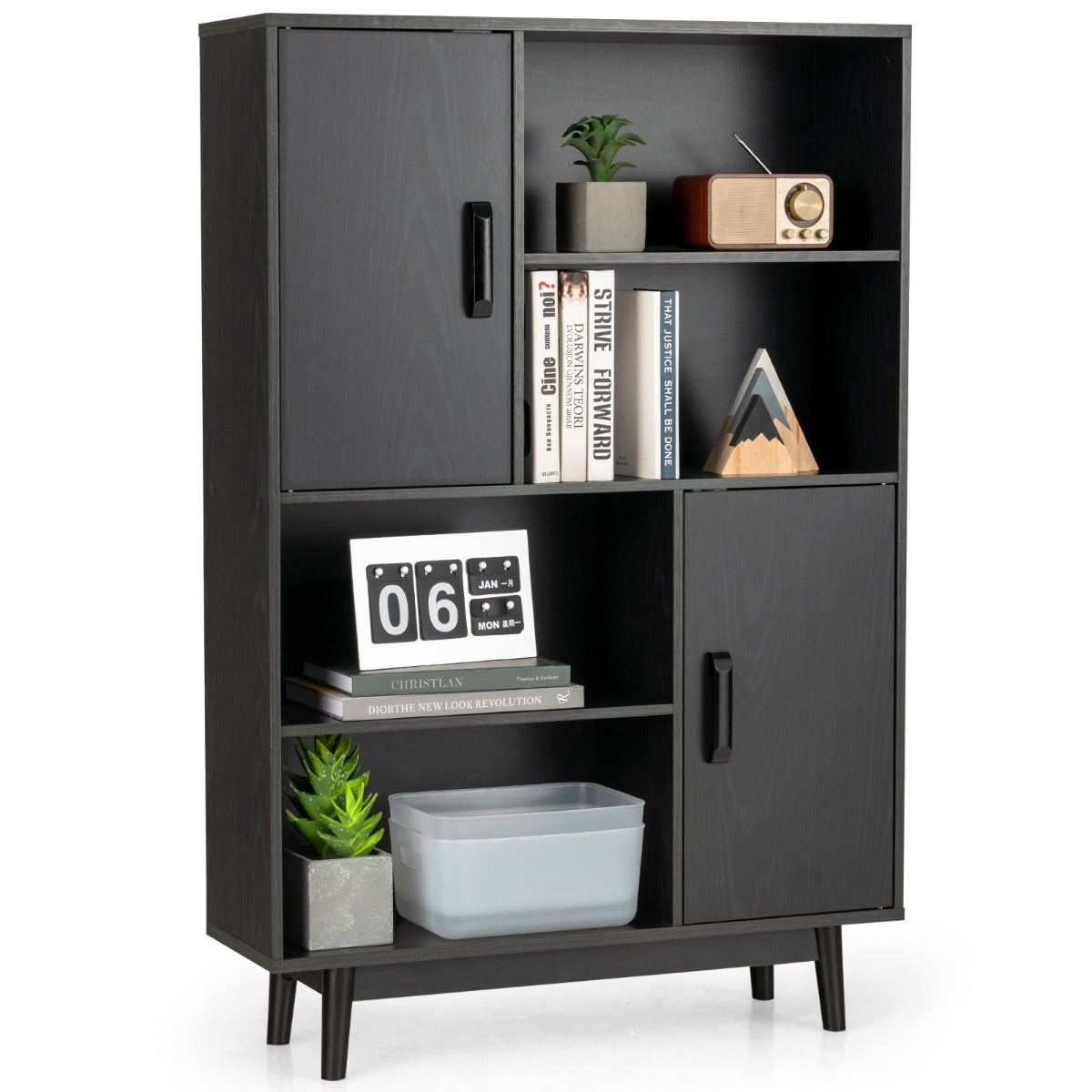 LIVSK Houten Boekenkast met 2 Deuren en 4 Open Schappen - Stijlvol en Multifunctioneel - Stabiel met Rubberhouten Poten - 80 x 24
