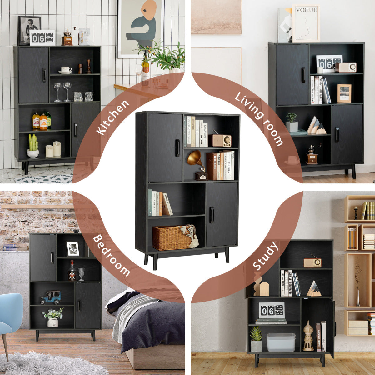LIVSK Houten Boekenkast met 2 Deuren en 4 Open Schappen - Stijlvol en Multifunctioneel - Stabiel met Rubberhouten Poten - 80 x 24