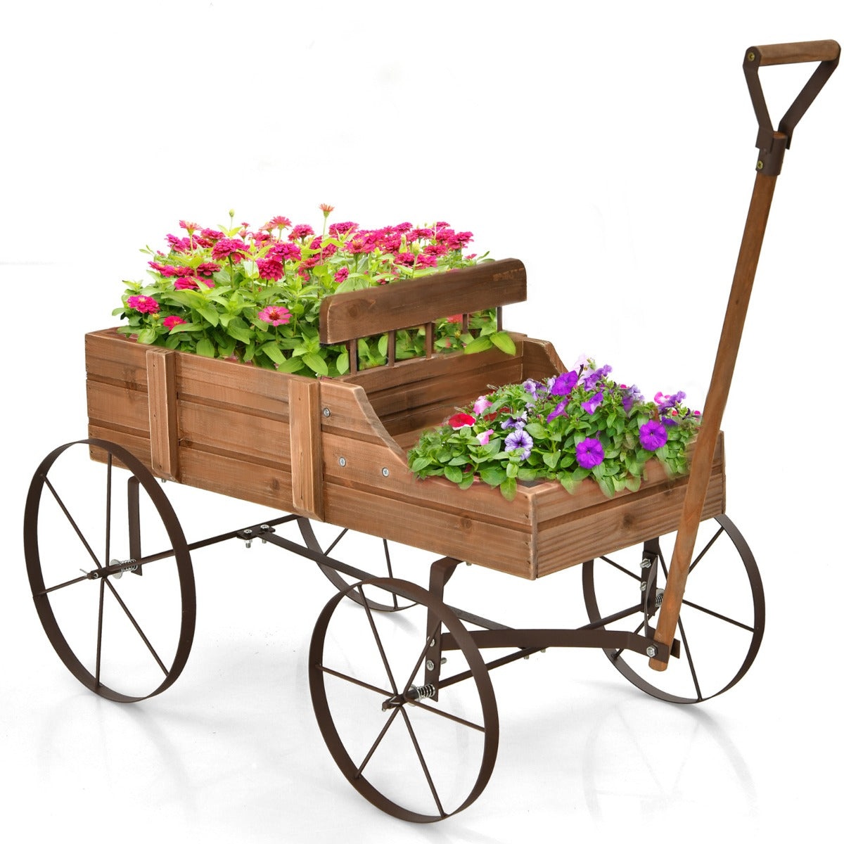 LIVSK Decoratieve Plantenwagen - Stevig Sparrenhout - 2 Plantsecties - Metalen Wielen - Universele Handgreep - 62 x 34 x 60 cm -