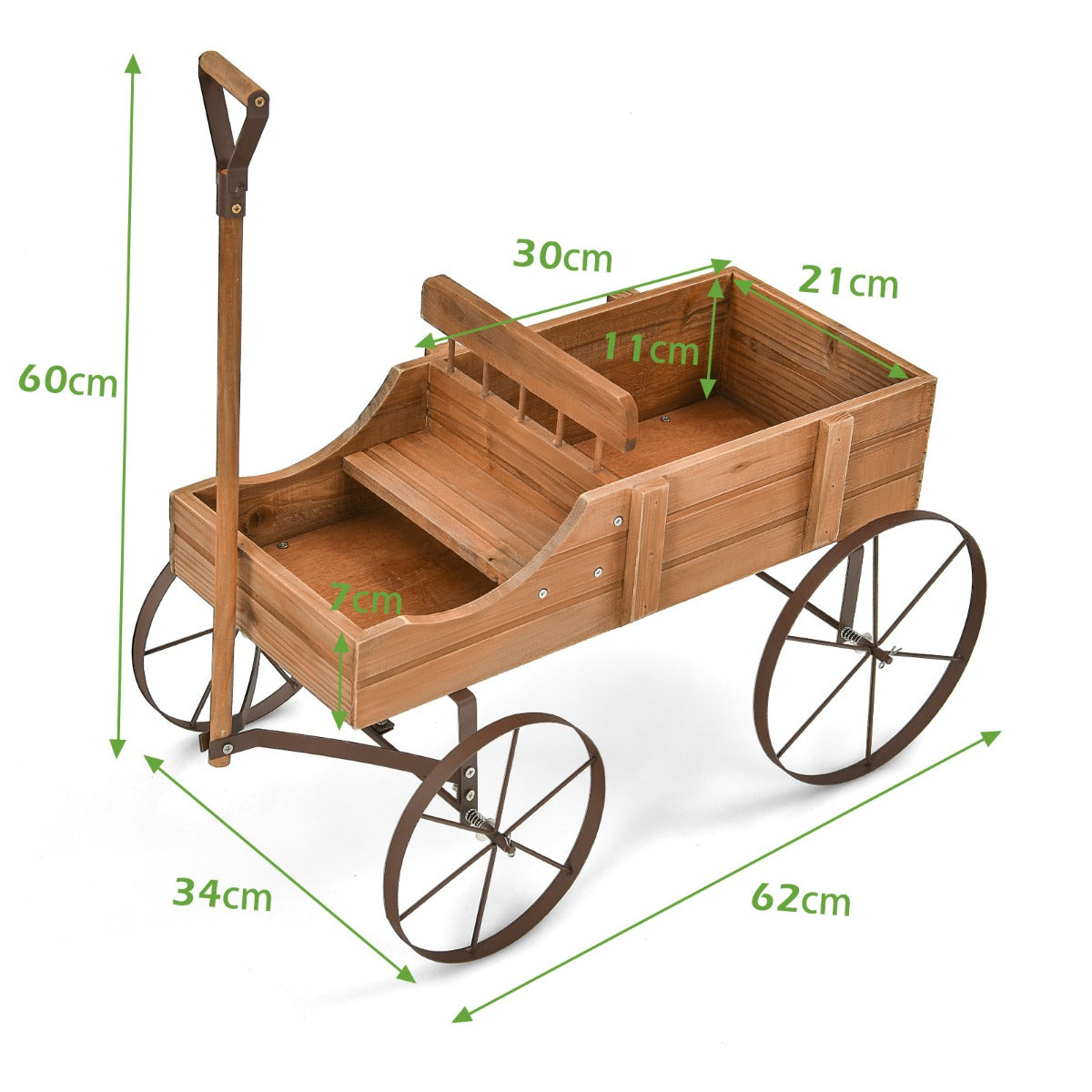 LIVSK Decoratieve Plantenwagen - Stevig Sparrenhout - 2 Plantsecties - Metalen Wielen - Universele Handgreep - 62 x 34 x 60 cm -