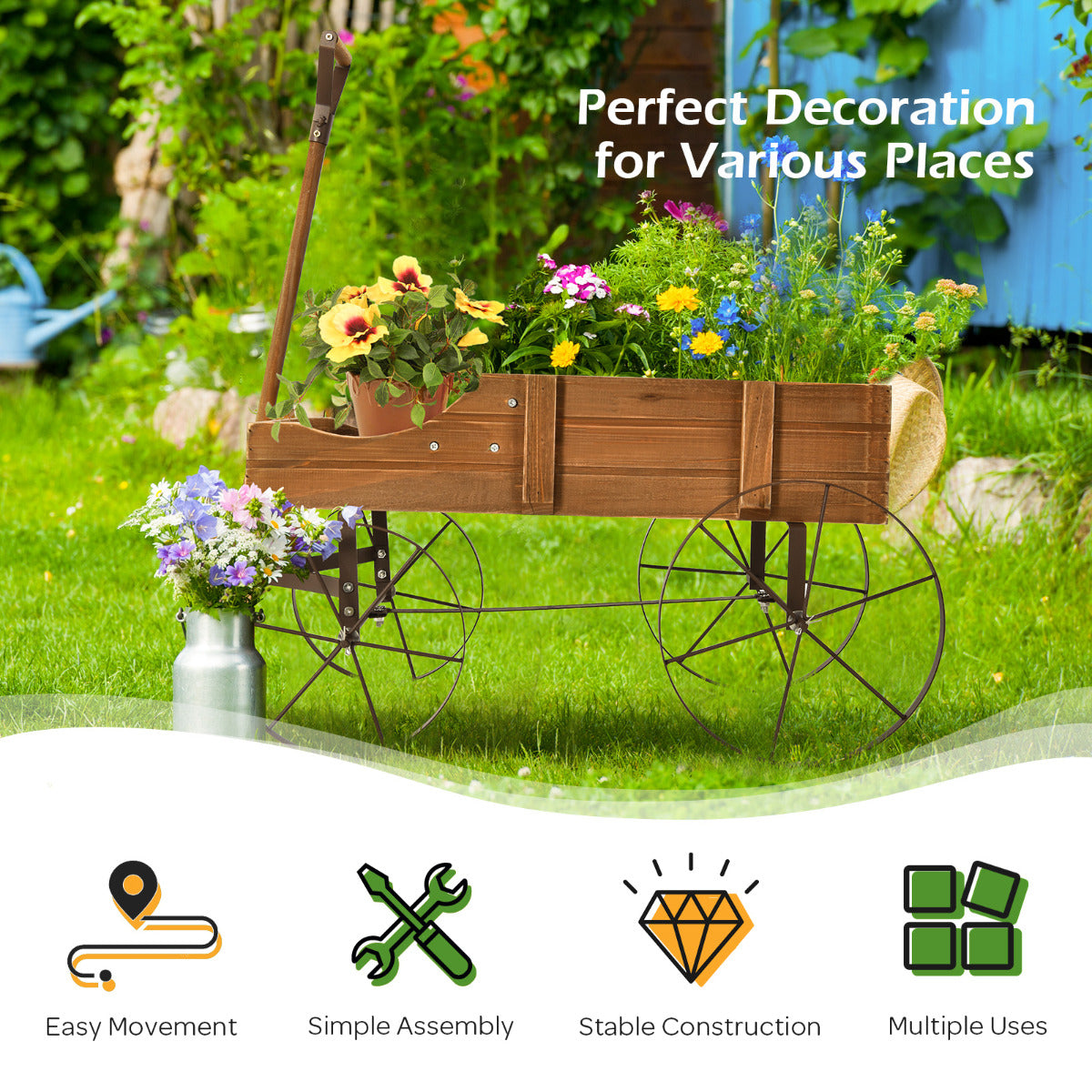 LIVSK Decoratieve Plantenwagen - Stevig Sparrenhout - 2 Plantsecties - Metalen Wielen - Universele Handgreep - 62 x 34 x 60 cm -