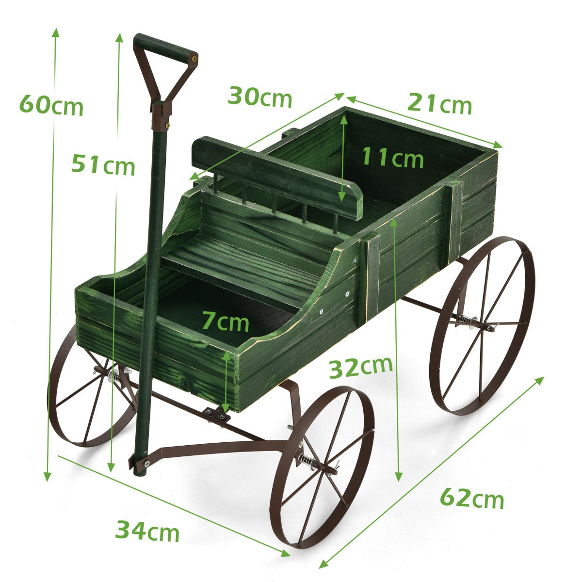 LIVSK Plantenwagen Bolderkar - Robuust Sparrenhout - 2 Compartimenten - Metalen Wielen - 62 x 34 x 60 cm - Groen