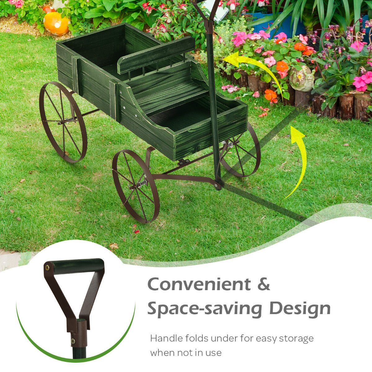LIVSK Plantenwagen Bolderkar - Robuust Sparrenhout - 2 Compartimenten - Metalen Wielen - 62 x 34 x 60 cm - Groen