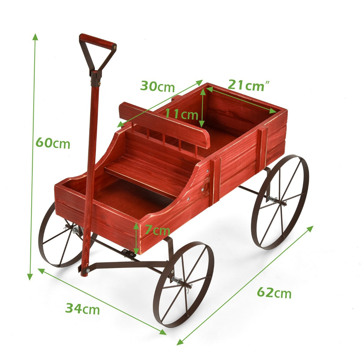 LIVSK Decoratieve Plantenwagen - Stevig Dennenhout - 2 Plantvakken - Metalen Wielen - Eenvoudig te Verplaatsen - 62 x 34 x 60 cm