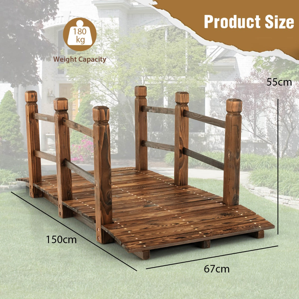 LIVSK Houten Tuinbrug - Decoratieve Brug met Leuningen - Duurzaam Sparrenhout - 150 x 67 x 55 cm - Behandeld Hout