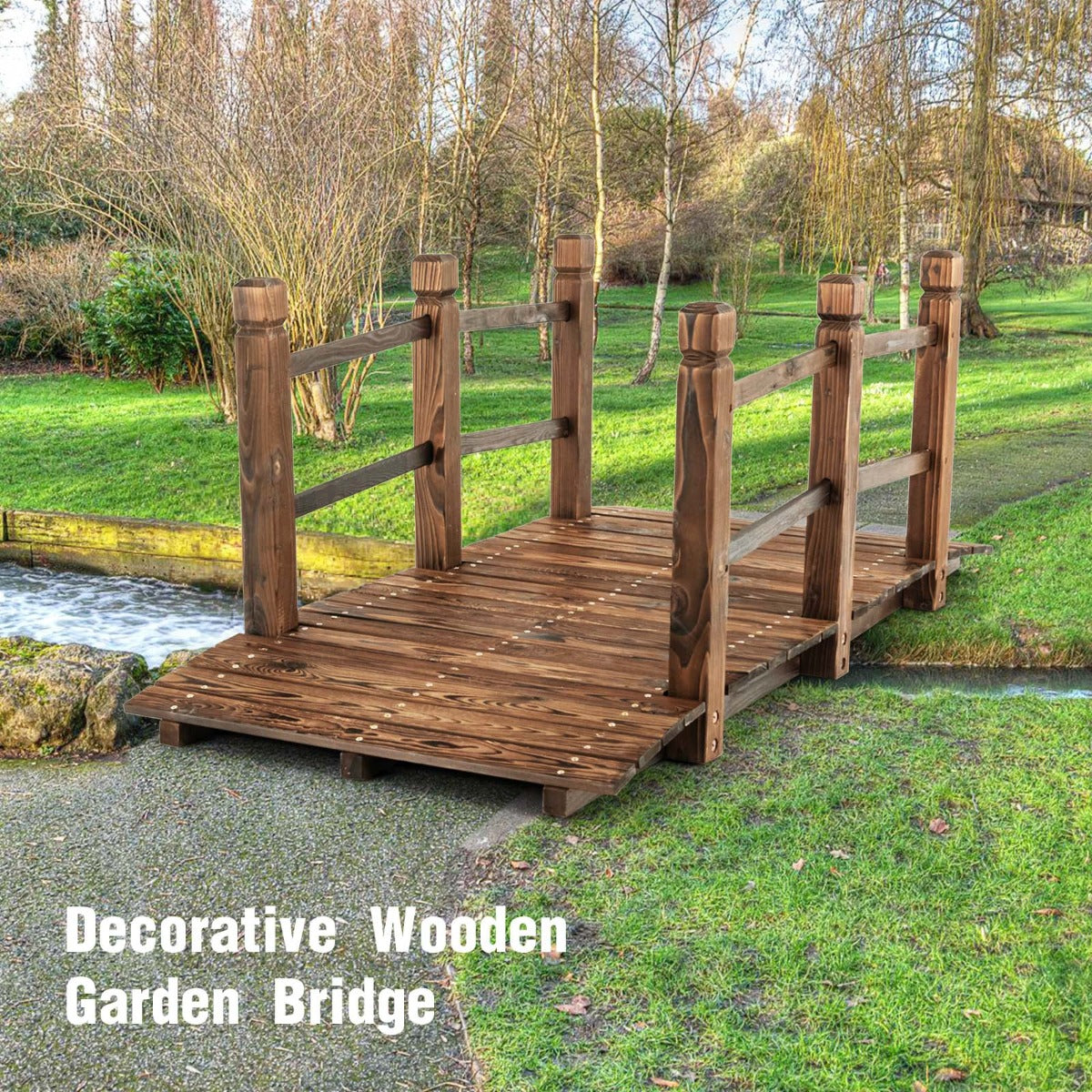 LIVSK Houten Tuinbrug - Decoratieve Brug met Leuningen - Duurzaam Sparrenhout - 150 x 67 x 55 cm - Behandeld Hout